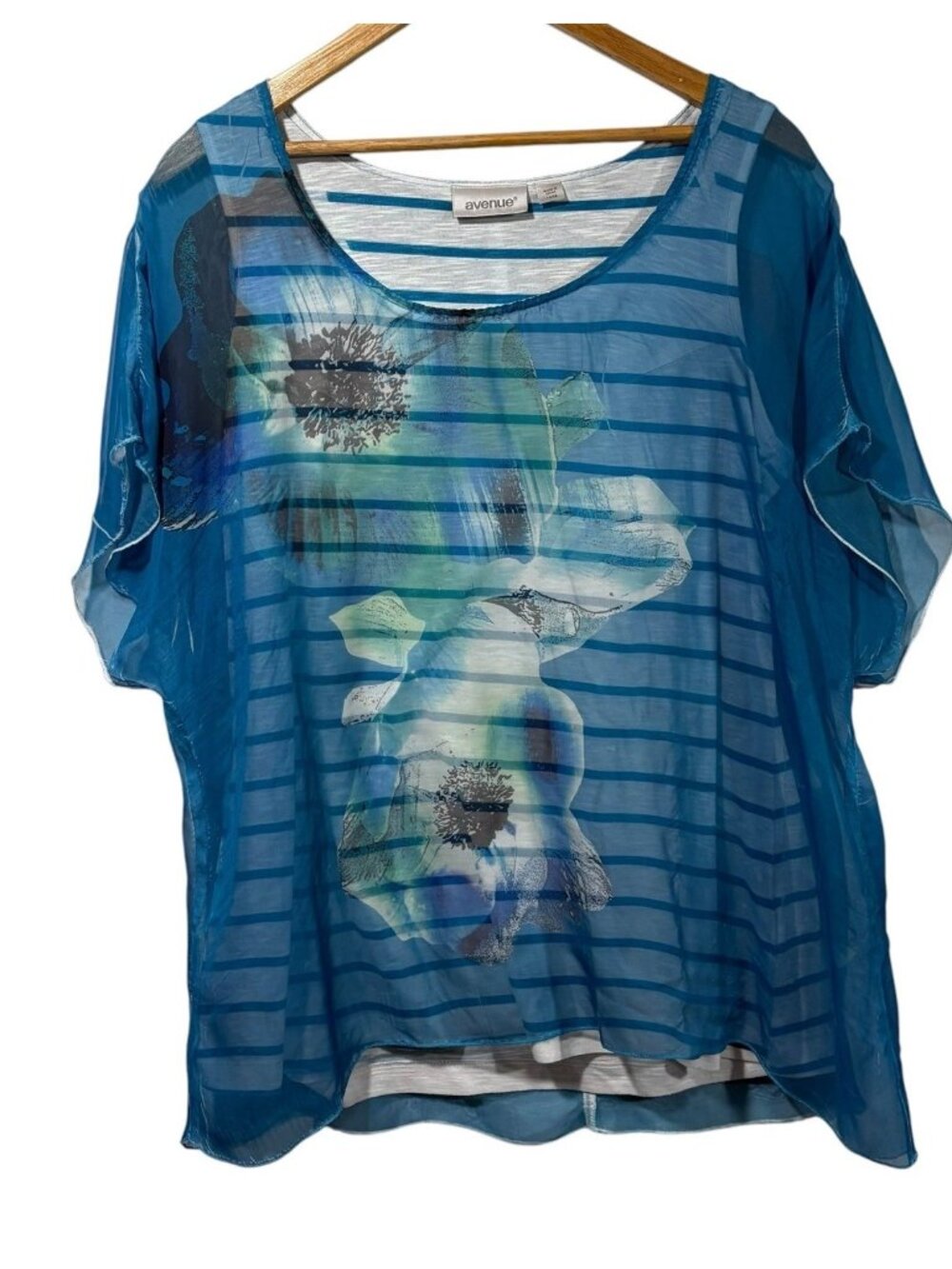 Avenue Womens Striped Top w/ Sheer Floral Overlay Blue Sz 14/16 Flowy Blouse